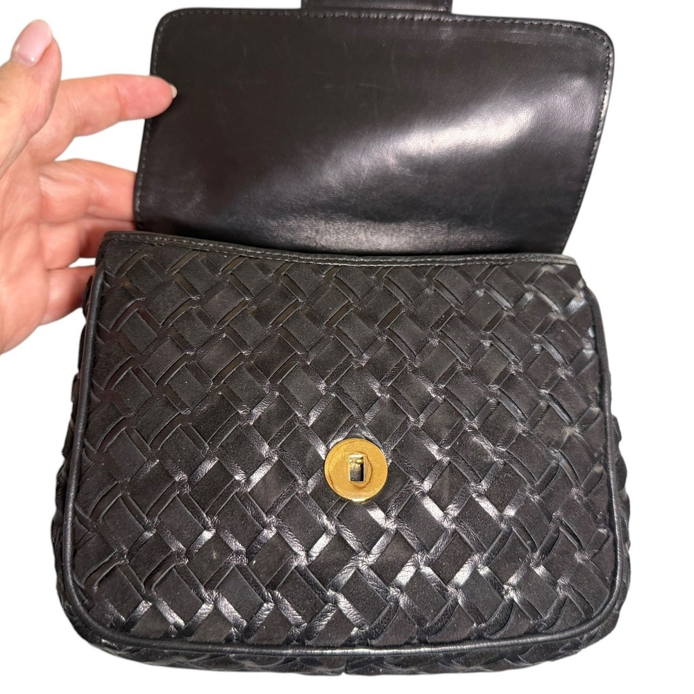 Vintage Bally Black Woven Suede Leather Top Handle Bag Gold Hardware - Picture 11 of 15